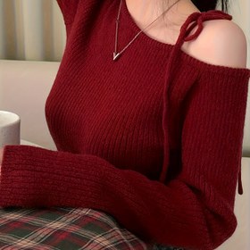 Resim Kadın Omuz Açık Kazak - Bağcıklı Uzun Kesim Şık Kazak, Makinede Yıkanabilir Dar Kesim Parti ve Günlük Kıyafetler - Kırmızı/Diğer Derin Renkler, Sonbahar/Kış Giyimi, Zarif Kışlık Elbise, Retro Tarz, İnce Fit Tasarım, Orta Esneklikli Kumaş, Dayanıklı Malzeme, Trend Kadın Giysileri 