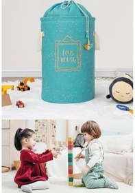 Resim Onikiden Yuvarlak Torbalı Oyuncak Çamaşır Sepeti Mavi 