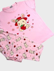 Resim Aliş Kids Anne-kız Çocuk Pamuklu Pembe Tavşan Desenli Kısa Kollu Bisiklet Yaka Yazlık Pijama Takımı 