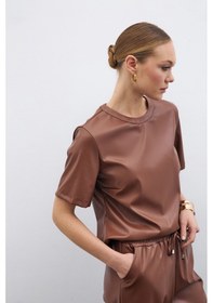 Resim Sateen Kısa Kol Deri Bluz - Kahve-135521 Kahve 