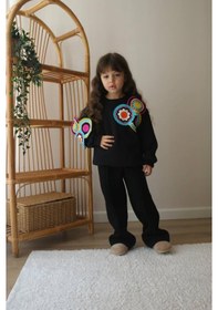 Resim Lolliboomkids Yeni Sezon Yumuşacık 3 İplik Polarlı Motif Nakış İşlemeli Siyah Renk Sweatshirt - Eşofman Alt Üst Takım Siyah 
