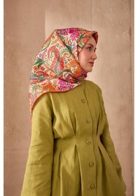 Resim Twill İpek Eşarp 11473-41 Bej, Mor, Turuncu, Yeşil 