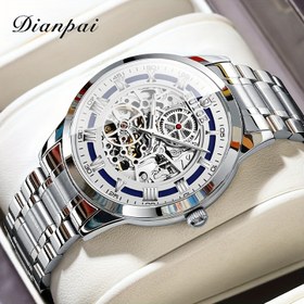 Resim RUIGE Erkek Modası Minimalist Paslanmaz Çelik Saat, Luminous Hollow Dial, Otomatik Mekanik Hareket, Mavi ve Turuncu Detaylar - İş Casual Hediye Babalar Günü, Cadılar Bayramı, Mezuniyet, Babalar Günü Hediyesi, Sophisticated Timepiece, Pilsiz 