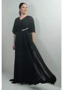 Resim Kadın V Yaka Beli Taşlı Drapeli Astarlı Büyük Beden Uzun Şifon Elbise-40906 Siyah 