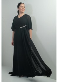 Resim Kadın V Yaka Beli Taşlı Drapeli Astarlı Büyük Beden Uzun Şifon Elbise-40906 Siyah 