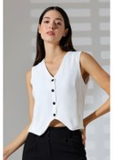 Resim Mois Atelier Beyaz Aerobin Siyah Düğme Çıt Çıt Kapama V Yaka Yelek Tasarım Hediye Büyük Beden Beyaz 