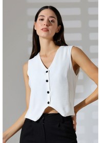Resim Mois Atelier Beyaz Aerobin Siyah Düğme Çıt Çıt Kapama V Yaka Yelek Tasarım Hediye Büyük Beden Beyaz 