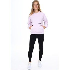 Resim Toontoy Kids Toontoy Kız Çocuk 2'li Takım Baskılı Bisiklet Yaka Düşük Omuz Cepli Sweatshirt & Basic Düz Tayt Açık Lila 