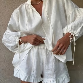 Resim Kadınlar için Mavi Ruffle Hem Şort ve Uzun Kollu Üst Seti - Şık Polyester, Tüm Mevsim Kıyafeti, Ayarlanabilir Bağcıklı Bel, Rahat veya Şık Durumlar İçin Mükemmel, Şık Kıyafet|Ruffle Hem Şort|Polyester Kumaş 