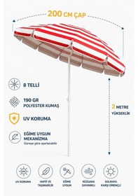 Resim Kırmızı Beyaz 200cm, 8 Telli Plaj Şemsiyesi Kırmızı - Beyaz 