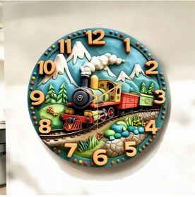 Resim Renkli Baskı Tren Çocuk Desenli Sayılı Hediyelik Ahşap Sessiz Duvar Saati 50cm ÇOk Renkli 