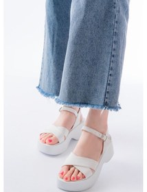 Resim 24414-1005 Beyaz Günlük Çapraz Dolgu Topuk Kadın Sandalet Altın - Taba 