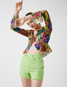Resim Crop Bluz Kelebek Desenli Fırfırlı 