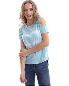 Resim Kadın Omuz Açık Bebek Mavi Batik T-Shirt 