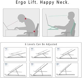 Resim AiTodos Taşınabilir Dizüstü Bilgisayar Standı, Alüminyum Alaşımlı Dizüstü Bilgisayar Sehpası, Taşıması Kolay, Havalandırmalı ve Isı Dağıtılmış, Kaymaz Kauçuk, 6 Kademeli Ayarlanabilir Katlanabilir 