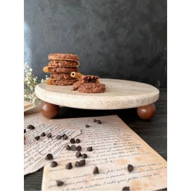 Resim Tekno Trust Mermer Doğal Mermer Kek Pasta Standı, Ahşap Ayaklı Kek Standı, Mermer Sunumluk, Patara Beji Mermer 