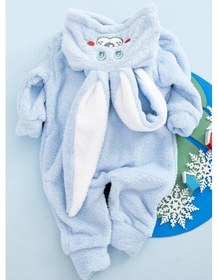 Resim Erkek Bebek Çocuk Welsoft Peluş Tavşan Kulaklı Kışlık Tulum Mavi 