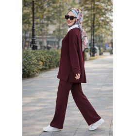 Resim Esra Butik Mürdüm Siyah Taş Çimalı Tesettür Ikili Takım Tunik Pantolon Şık Rahat 