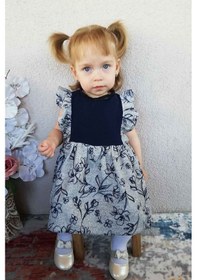 Resim Dantel Ve Fırfır Detaylı Pamuklu Örme Mavi Gri Kız Çocuk Bebek Elbise 001 