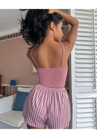 Resim Kadın Pembe Çizgili Desen Askılı Şortlu Pijama Takım 5002 Pembe 