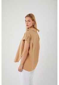 Resim Mixray 3967 Kadın Apoletli Kısa Kol Oversize Gömlek Vizon 