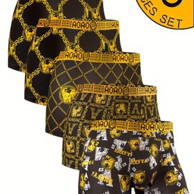 Resim 5 Adet Erkek Siyah & Altın Zincir Desenli Boxer - Yüksek Esneklik, Nefes Alabilen Kumaş, Hafif ve Hızlı Kuruyan Yazlık İç Çamaşırı, Ev ve Günlük Kullanım için Düz Tabanlı Tasarım, Dayanıklı Elastik Malzeme 