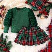 Resim Kızlar İçin Yeşil Kabarcık Kollu Üst, Çift Fiyonklu Ekose Etek ve Şapka ile Üç Parçalı Bahar/Sonbahar Outdoor Takım 