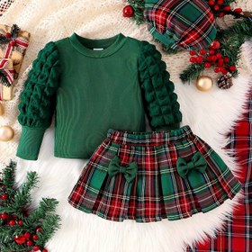 Resim Kızlar İçin Yeşil Kabarcık Kollu Üst, Çift Fiyonklu Ekose Etek ve Şapka ile Üç Parçalı Bahar/Sonbahar Outdoor Takım 