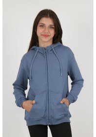 Resim Toontoy Kız Çocuk Füme Kapüşonlu Fermuarlı Cepli Düşük Omuz Nakış Baskılı Örme Hırka - 3 İplik Şardonsuz İndigo 