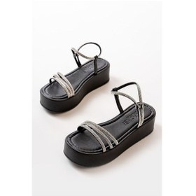 Resim 861-1100 Siyah Günlük Gümüş Taşlı Dolgu Kadın Sandalet Altın - Taba 