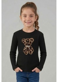 Resim Breeze Kız Çocuk Uzun Kollu Tişört İncili Aplike Leopar Ayıcık Nakışlı 5-10 Yaş, Siyah 