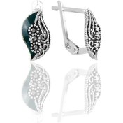 Resim Gümüş Yeşil Mineli Yaprak Modeli Markazit Taşlı Küpe 