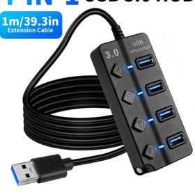 Resim 4 Portlu USB 3, 100cm Kablolu 5Gbps Hızlı Veri Aktarımı, LED Güç Göstergesi, Taşınabilir USB Port Genişletici - PC, USB Bellek ve Daha Fazlası İçin, Modern Tasarım, Dayanıklı Yapı 