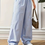 Resim Kadınlar için Rahat Çizgili Geniş Bacaklı Pantolon - Lastikli Bel ile İp, Beyaz ve Gri Dikey Çizgiler, Hafif Polyester, Bahar/Yaz/Sonbahar için Mükemmel, Rahat Moda | Dikey Çizgili Pantolon | Polyester Kumaş 