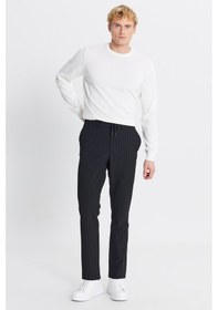 Resim AC&Co / Altınyıldız Classics Erkek Sıyah Yumuşak Dokulu Slim Fit Beli Bağlamalı Yan Cepli Gofre Desenli Pantolon Sıyah 