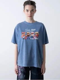 Resim Zekids Kız Çocuk Ayıcık Baskılı Oversize T-shirt-15808 Mavi 