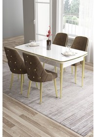 Resim Canisa Tia Serisi Mdf 80x132 Açılabilir Beyaz Gold Detay Yemek Masası Takımı Ve 4 Kahverengi Sandalye Masa Beyaz Sandalye Kahve 