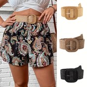 Resim Klasik Kare Toka Boho Kemerler Düz Renk Örme Hasır Kemer Elastik Bel Bandı Basit Kot Kemer Elbise Kuşağı Kadınlar İçin 