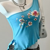 Resim Y2K Tek Omuzlu Çiçek Desenli Crop Top - Kadınlar İçin Hafif Esnek Yelek, İlkbahar Yaz Sonbahar için Makinede Yıkanabilir Günlük Sokak Giyimi 