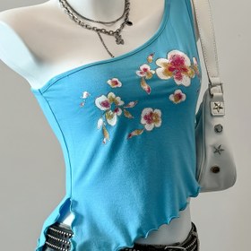 Resim Y2K Tek Omuzlu Çiçek Desenli Crop Top - Kadınlar İçin Hafif Esnek Yelek, İlkbahar Yaz Sonbahar için Makinede Yıkanabilir Günlük Sokak Giyimi 