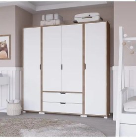 Resim Nisan Açık Ceviz-beyaz 4 Kapılı 2 Çekmeceli Elbise Dolabı - Gardırop Seti Açık Ceviz & Beyaz 