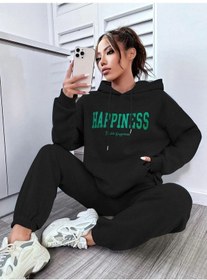 Resim Happiness Baskılı İki İplik Kalın Oversize Kadın Eşofman Takımı Siyah 