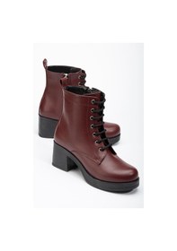 Resim 5109-3025 Bordo Bağcıklı Fermuarlı Kalın Topuklu Günlük Kadın Bot Bordo 