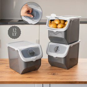 Resim Porsima Coral 3'lü Çok Amaçlı Plastik Patates Soğan Sarımsak Saklama Kutusu 12 lt Gri 