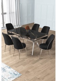 Resim Canisa Prah Serisi 90x160 Lak Panel Sonata Krom Ayak Masa Takımı Ve 6 Siyah Sandalye Siyah Mermer Masa Siyah Sandalye Krom Detay 