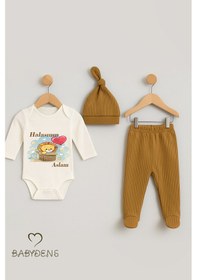 Resim Babyden's Halasının Aslanı Baskılı 3 Lü Bebek Takımı Pamuklu Şapka,patikli Alt ,uzun Kollu Zıbın Açık Kahverengi 