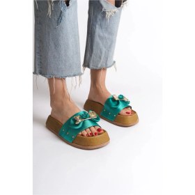 Resim Dıla Kalın Ve Ortopedik Taban Ayıcıklı Saten Kadın Terlik Skt - Yeşil Yeşil 