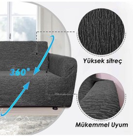 Resim StarMall Jakarlı Çubuk Desen Koltuk Örtüsü Koltuk Kılıfı Lastikli Esnek Yıkanabilir 3Lü Bir Adet Antrasit 