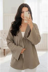 Resim Aişe tesettür Taş Rengi Önü Bağlamalı Kimono Tunik / Likralı Ütü İstemez Kumaş 