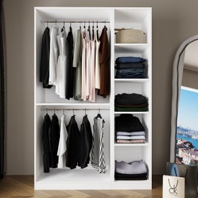 Resim Bimossa KB70 Goss İkili 135 cm Kapaksız İki Bölmeli Dar Gardırop, Askılı ve Raflı Açık Giyinme Dolabı, Modern Tasarım Beyaz Elbise Dolabı 